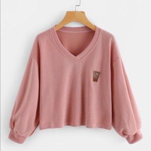 V Neckline Lantern Sleeve Patch Sweatshirt